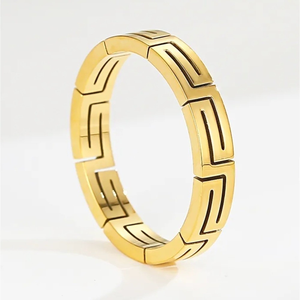 18K Gold Plated Titanium Steel Greek Key Ring Polished Gold Women Size 8